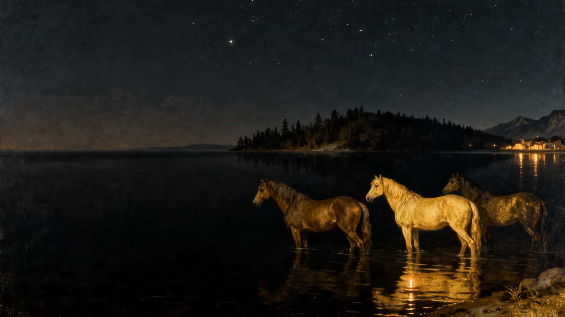 An oil painting of wild horses standing in the black night shallows of Flathead Lake, lit by a single candle flame, village lights far across the water