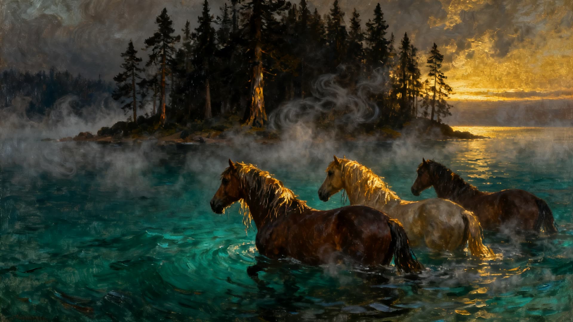 Oil painting of wild horses wading through misty teal shallows at the shore of Wild Horse Island at first light