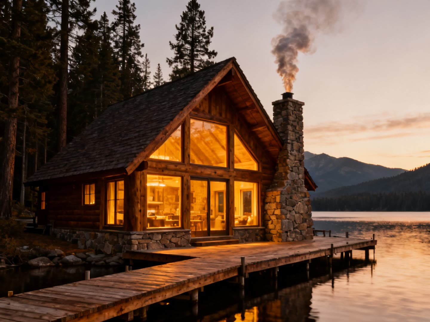 Photograph of the Lakeside Cabin at Wild Hope. Your own timber and stone cabin at the waterline, with a dock, a chimney, and the island in view.