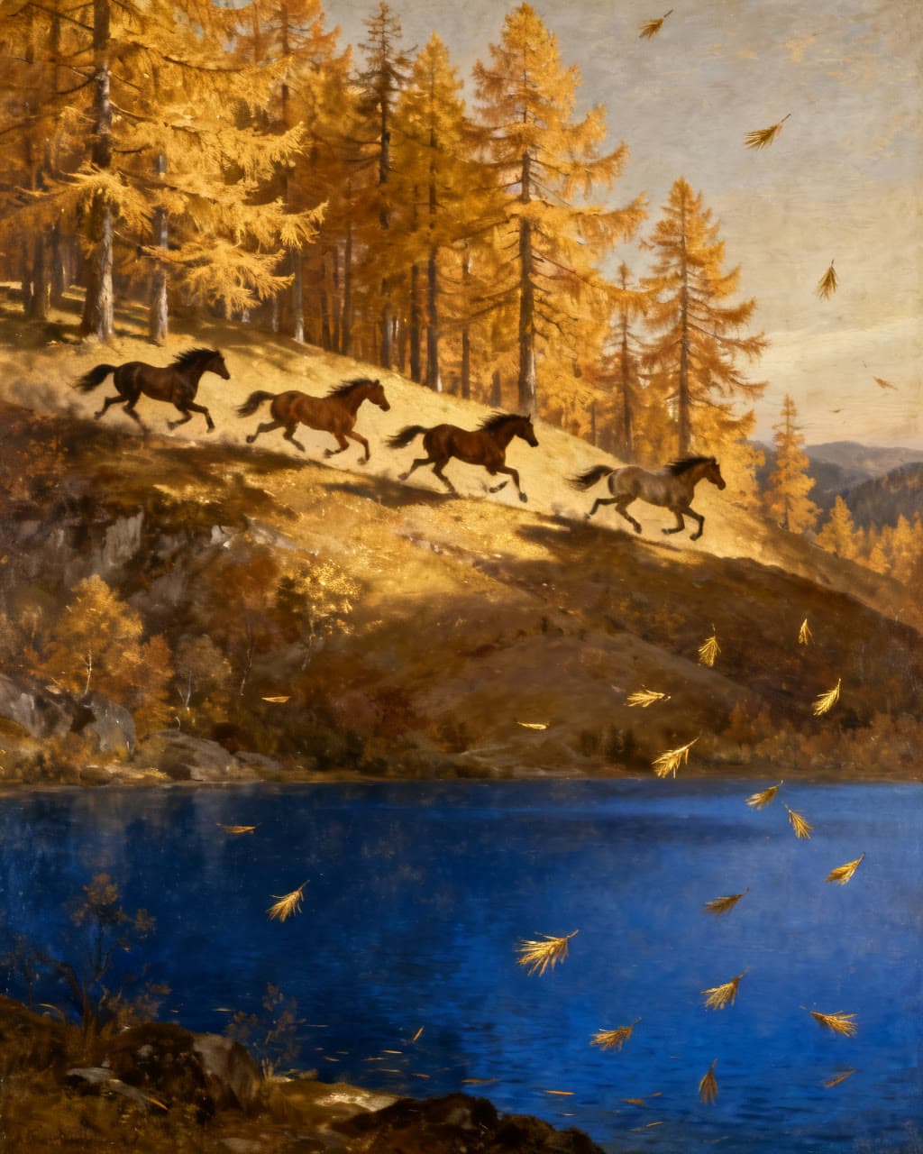 Oil painting of the The Gilding season at Wild Hope: The larches turn to gold leaf and the island burns amber at dusk.