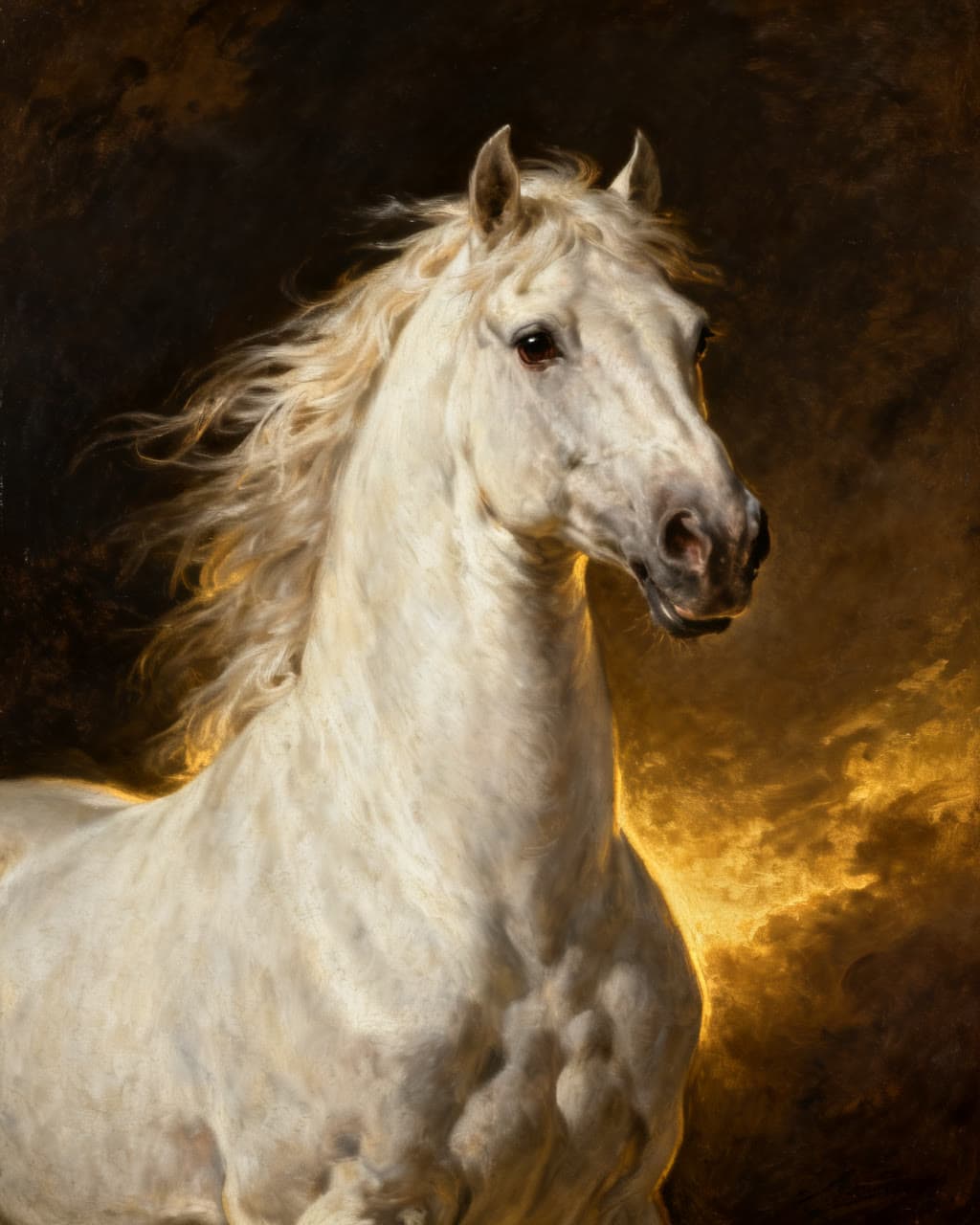 A museum portrait in oil of a white wild stallion, mane windswept, lit in gold against darkness