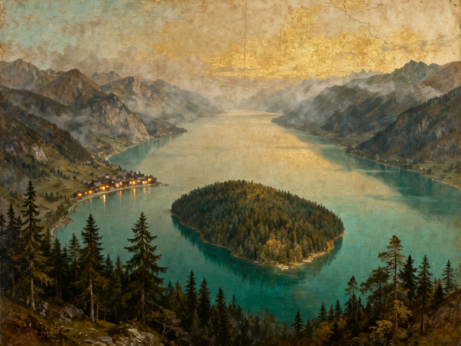 A luminist painted map view of Flathead Lake from above, with Wild Horse Island at its center and the village lights on the northeast shore